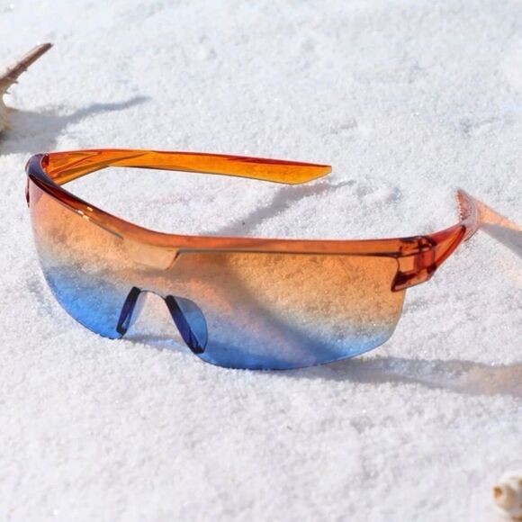 🆕Orange Blue Ombre Tinted Lens Flat Top Rimless Wrap Around Sunglasses - Picture 2 of 4